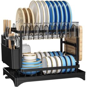 Large Capacity, Multifunctional Dish Drying Rack, Rustproof With Drainboard, Space-Saving 2-Tier Dish Rack (Option: Black)