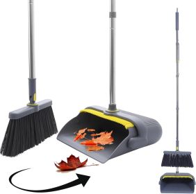 Heavy Duty Broom and Standing Dustpan Combo Set, Rotatable Head Dust Pan and Brush Set with Collapsible Handle, Cleaning Teeth, Hanging Loop (size: Gray   with Dustpan)