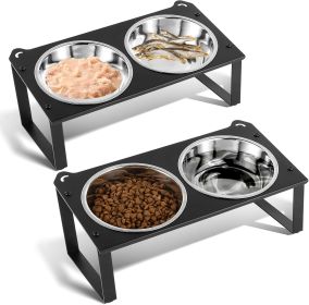 2 Set Elevated Cat Food Water Bowls, 4 Stainless Steel Bowls for Indoor Pet with Cute Metal Stand (Color: Black- 2pack)